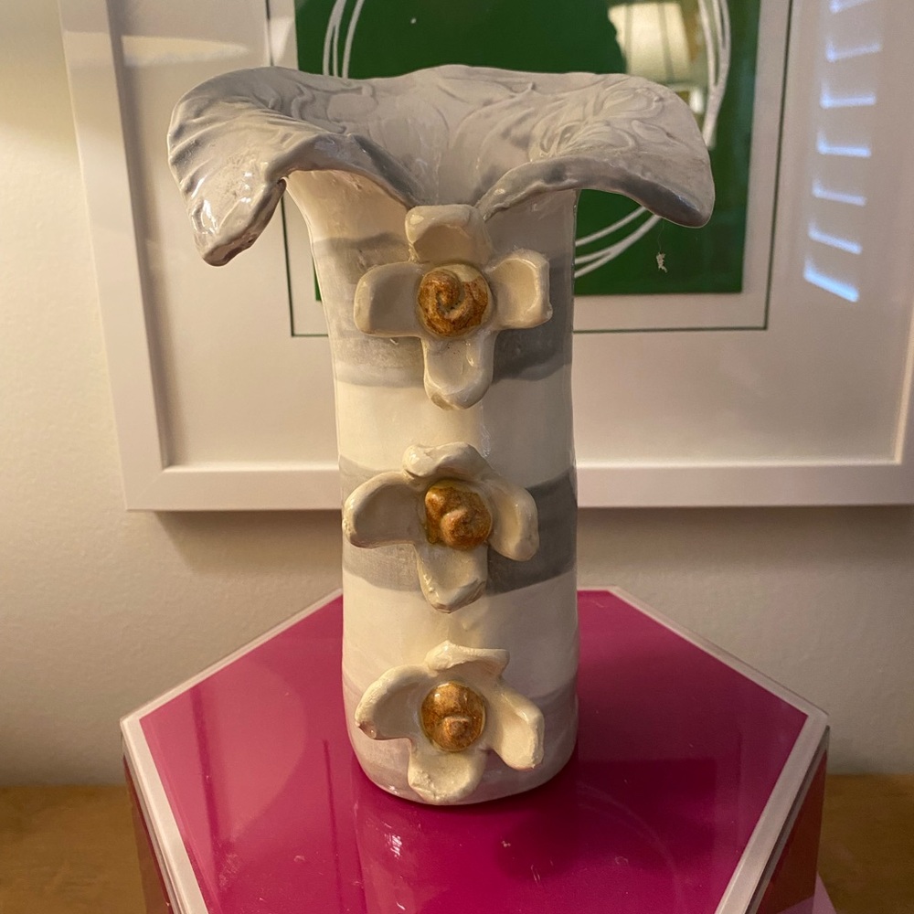 3 E Designs hand painted pottery vase. 
Grey and cream - flowers & stripes